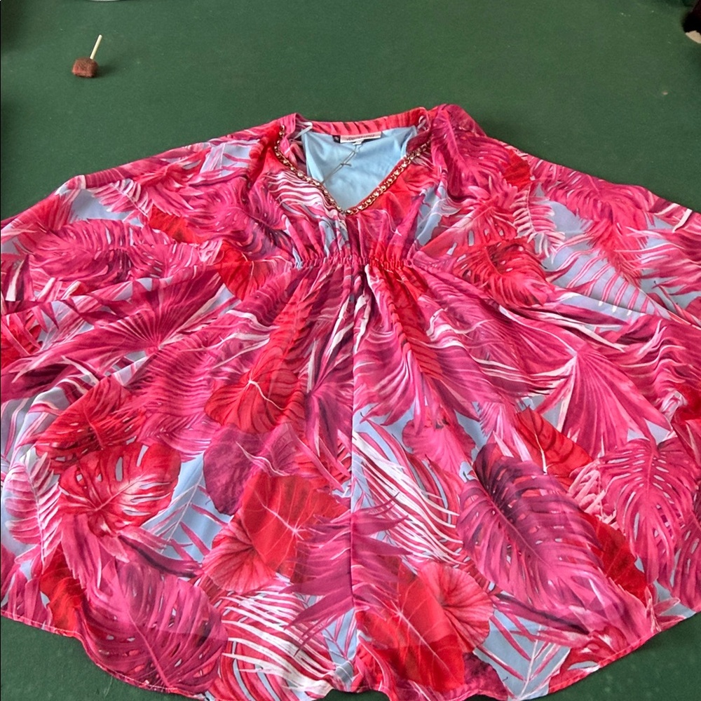 Jennifer Lopez Pink and Red Leaf Print Midi Dress. CAJA. # 1. D